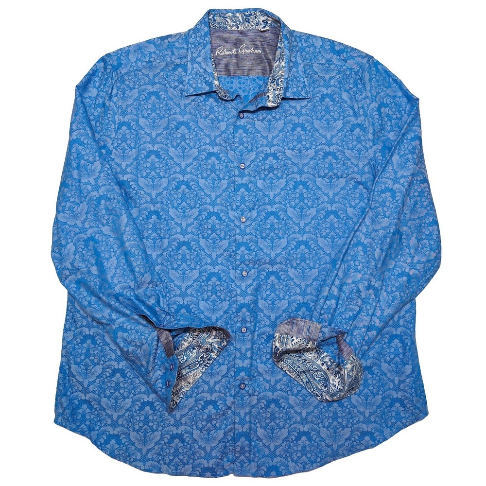 ROBERT GRAHAM Long Sleeve Flip Cuff Shirt Blue Paisley Floral XXL 2XL‎